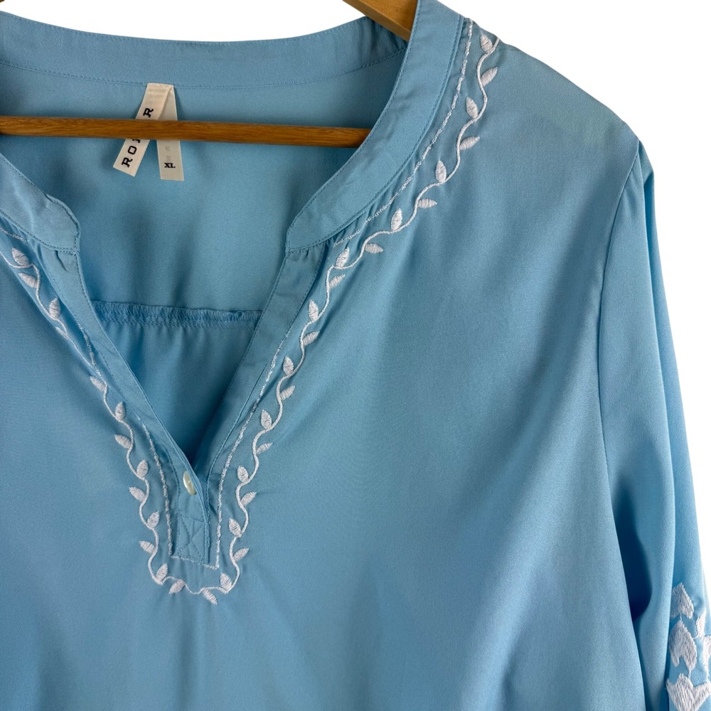 Roper Embroidered‎ Blouse Women XL Blue Bell Sleeve Boho Peasant Top Western